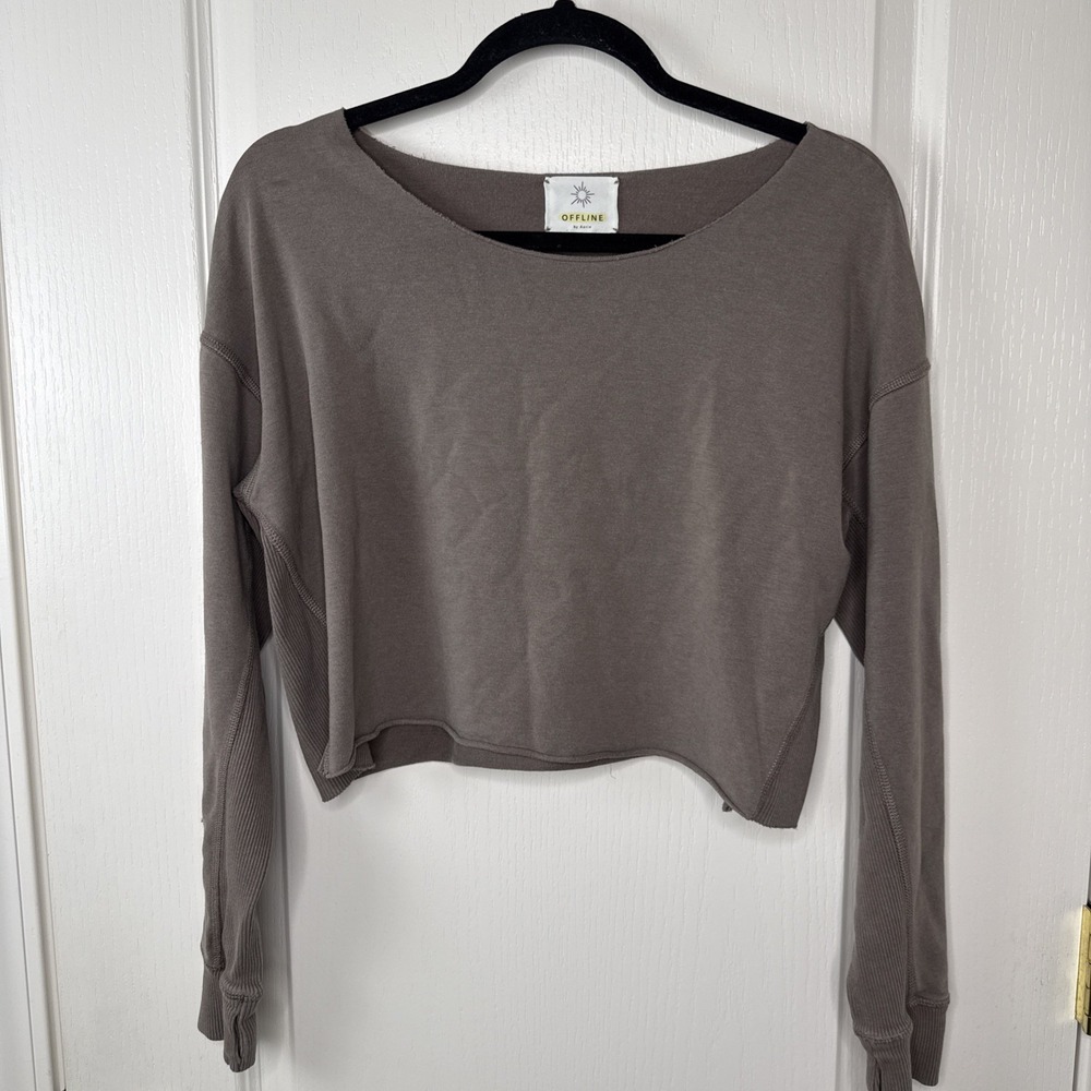 OFFLINE by Aerie Womens Taupe Cropped Sweatshirt S Raw Hem Crewneck Long Sleeve